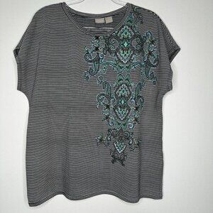 Chicos Zenergy Striped Paisley Top 3‎ Size XL Black White Cotton Blend